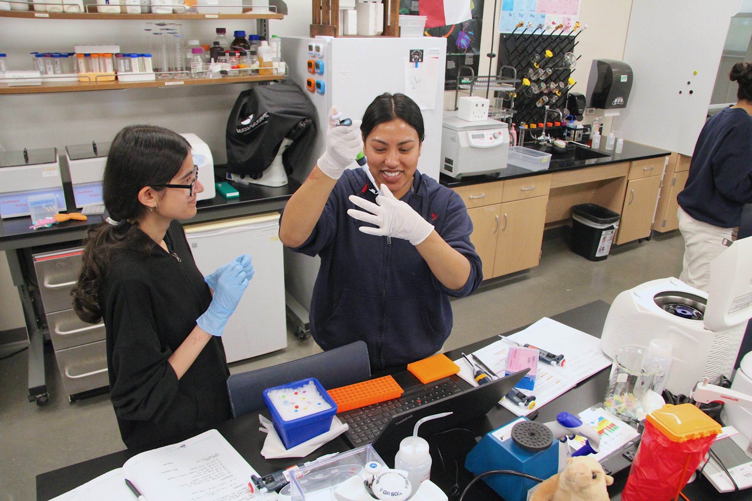 Biomedical Sciences students working together in the lab